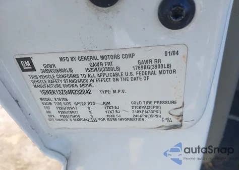 2004 Chevrolet Tahoe Z71 z USA, uszkodzony, nr VIN 1GNEK13Z04R232042